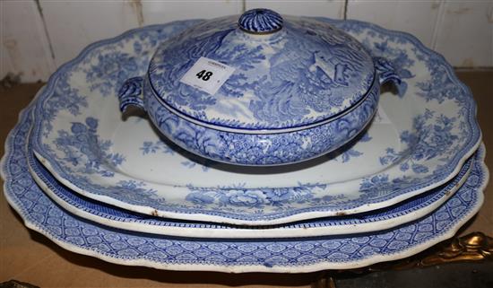 Blue & white platters and a tureen